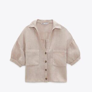 Zara Button Front Cropped Linen Top